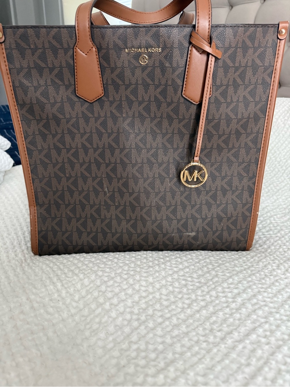 Michael Kors Brown MK Logo Tote with Tan Leather Trim
